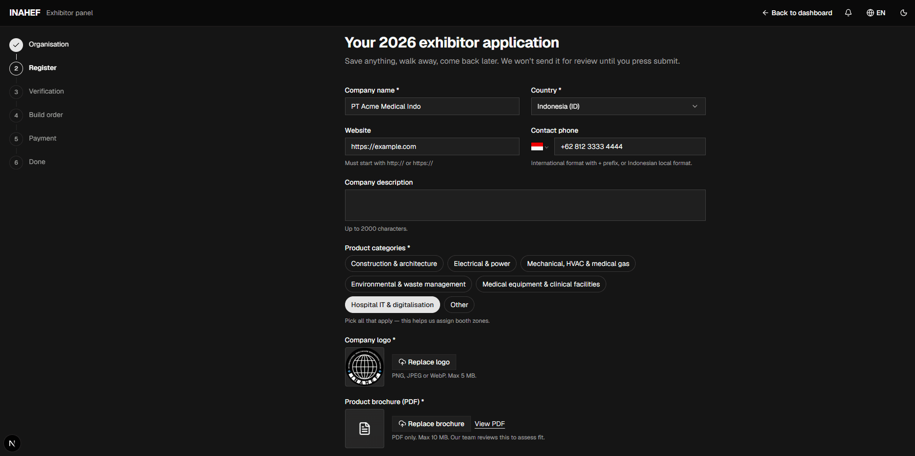 The exhibitor application form with company profile, product categories, and logo + brochure uploads