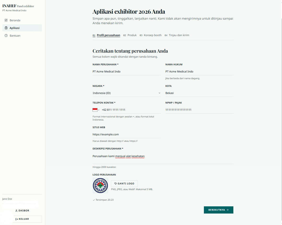 The multi-step exhibitor application form on the company-profile step