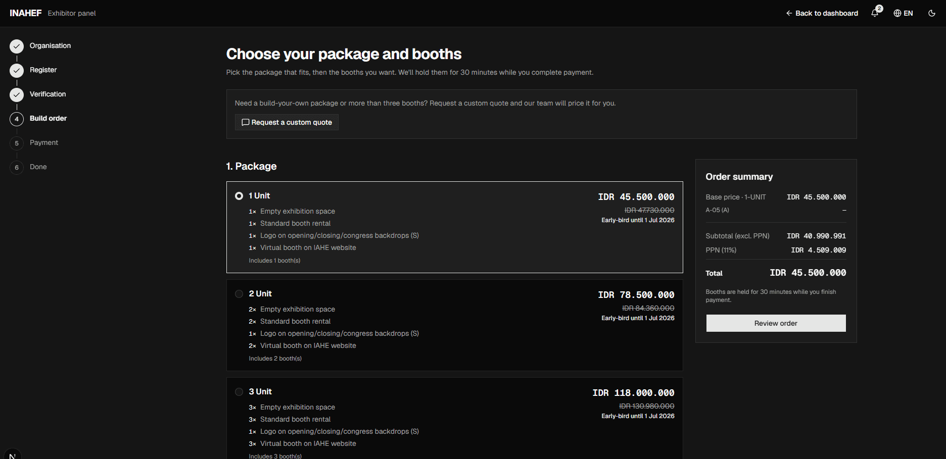 The build-order step with the package picker, booth floor plan, add-ons, and order summary