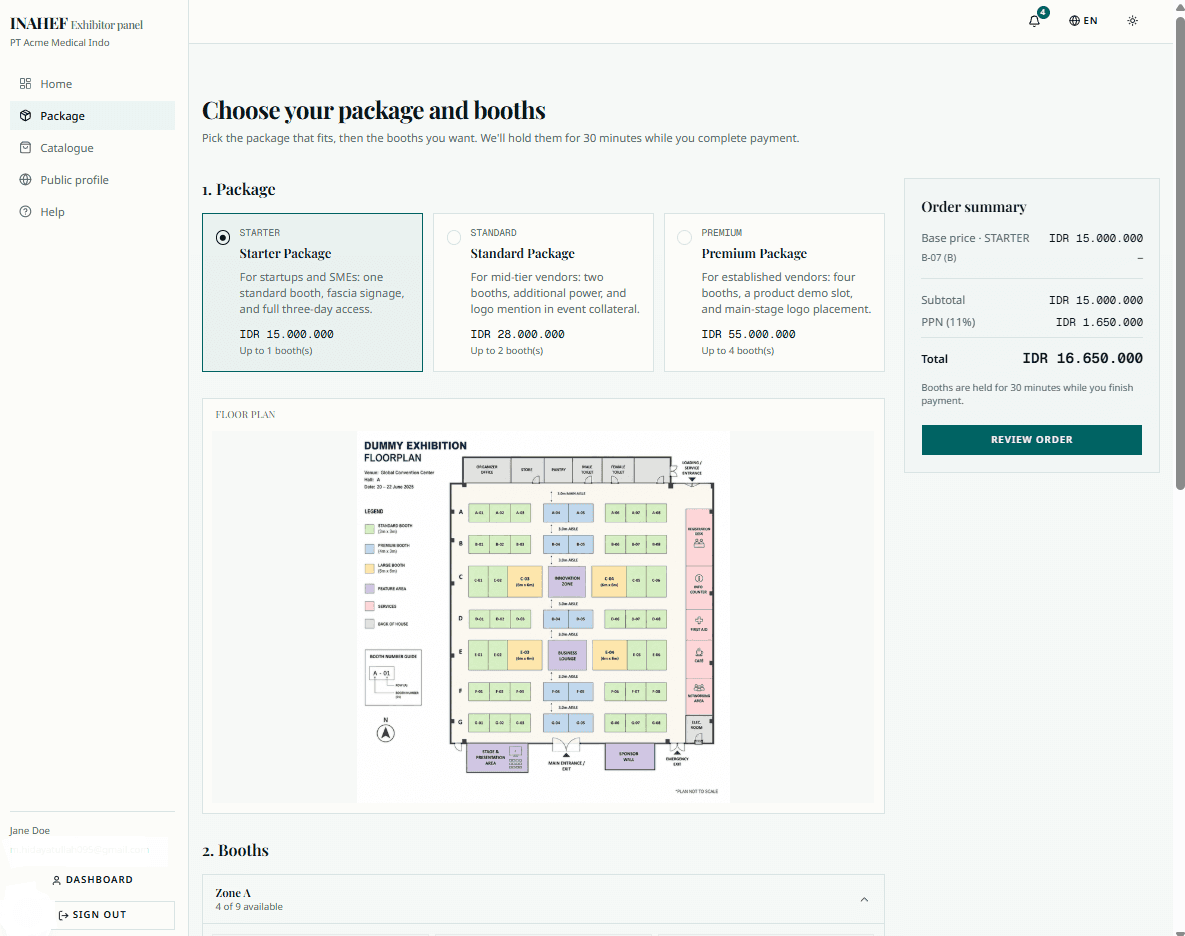 The package and booth selection page with the order summary