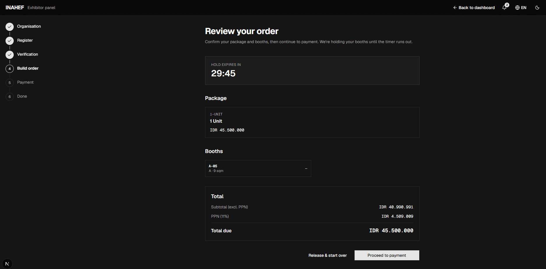 The order review page showing the VAT-inclusive total and the hold countdown