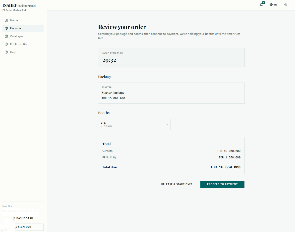 The order review page showing the total with PPN and the hold countdown