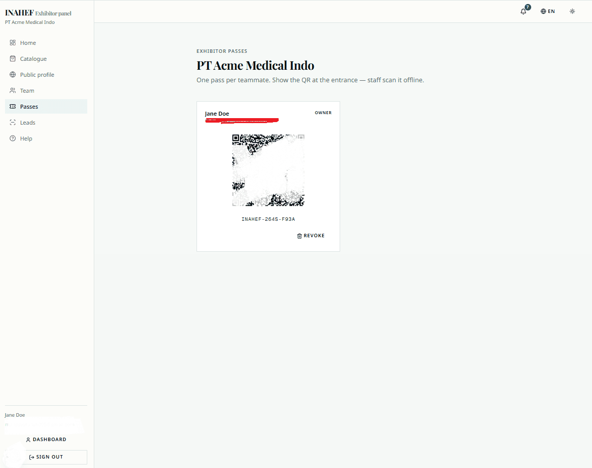The exhibitor passes page showing team passes with QR codes