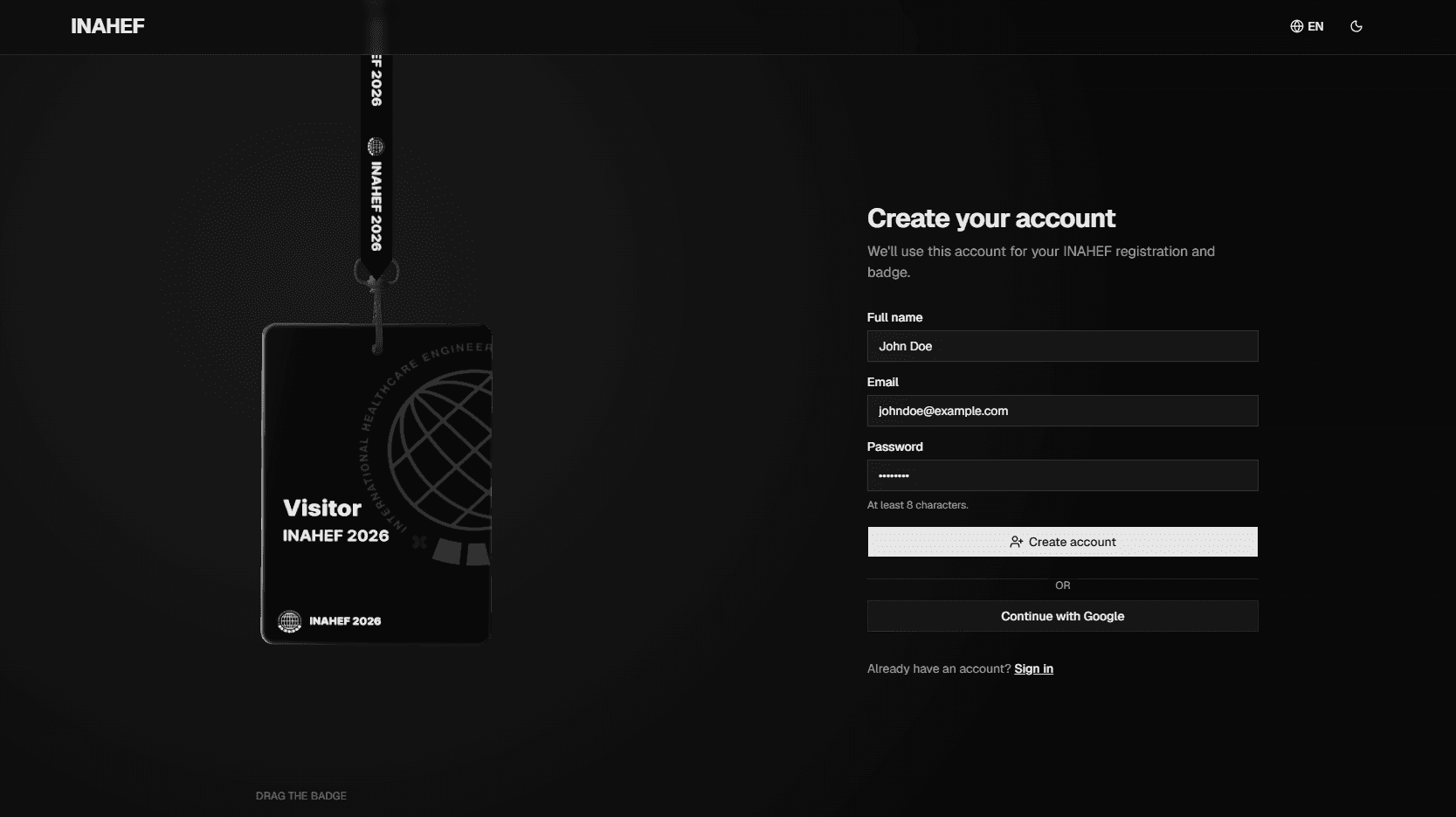 The INAHEF sign-up page with email and password fields