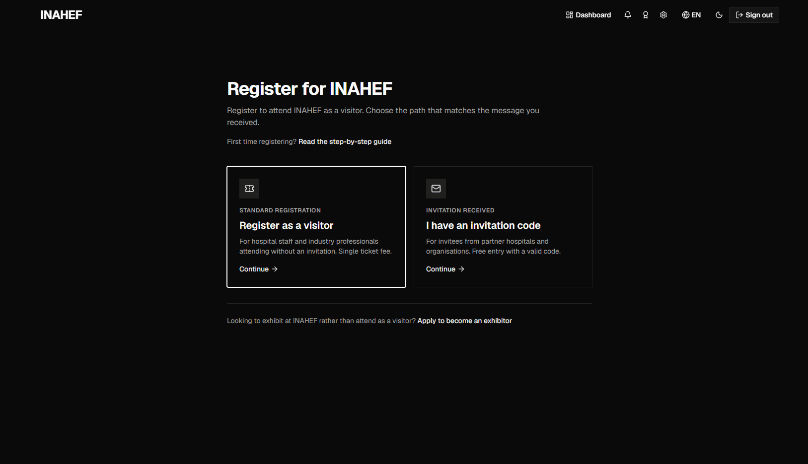 Registration choice page with the visitor option highlighted