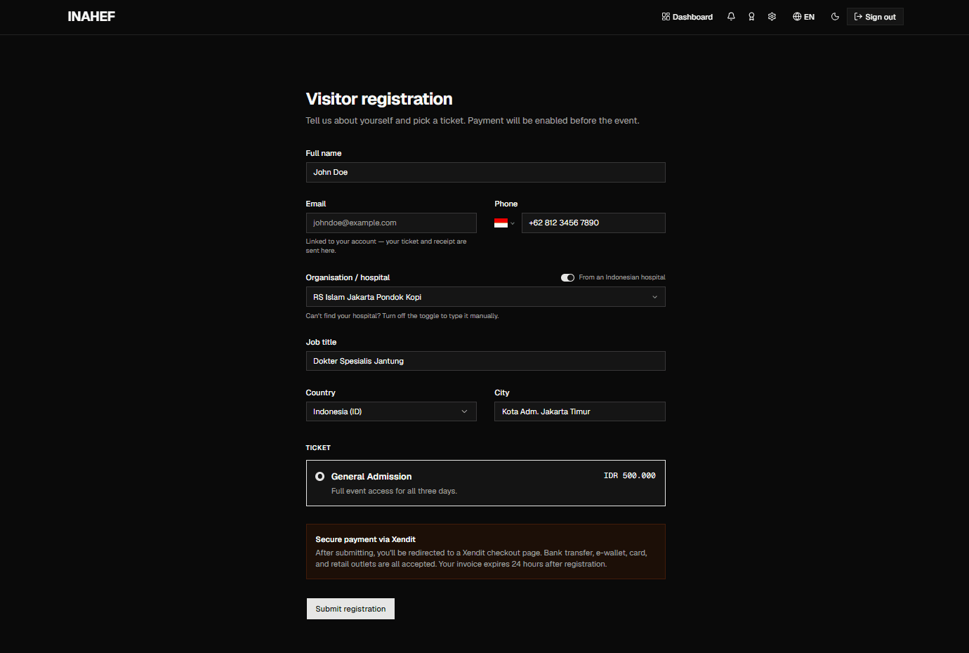 Visitor registration form showing personal details and ticket options