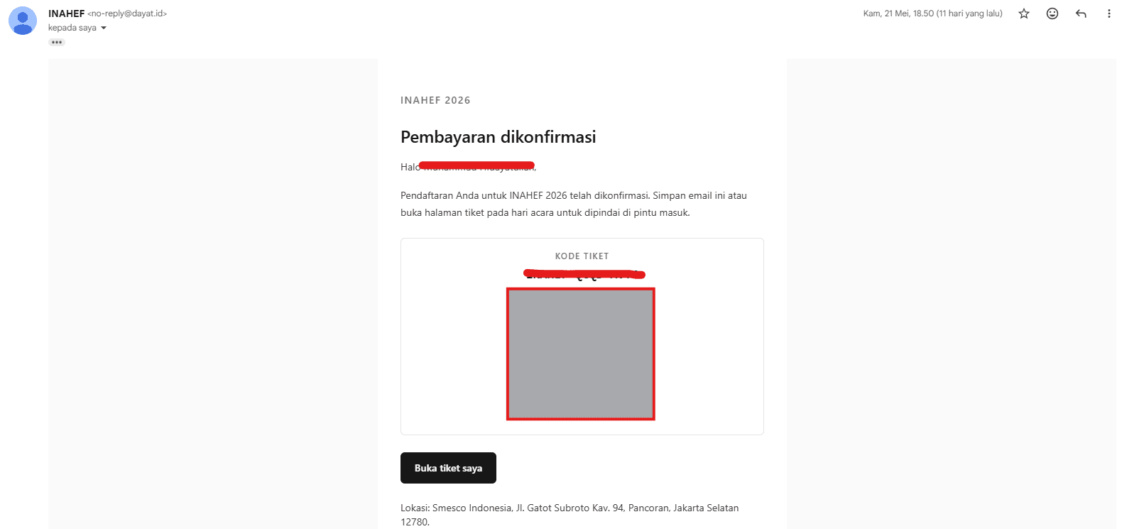 The confirmation email containing the ticket QR code