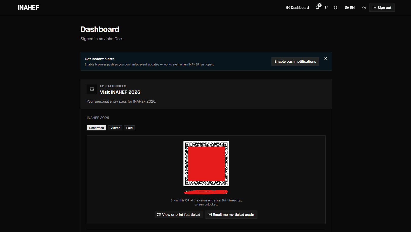 Dashboard showing the visitor ticket with its QR code