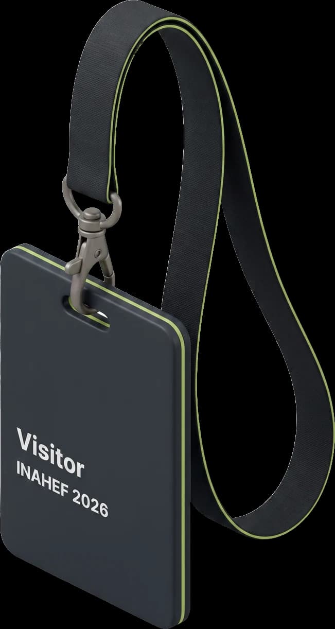 Isometric INAHEF 2026 visitor pass on a lanyard