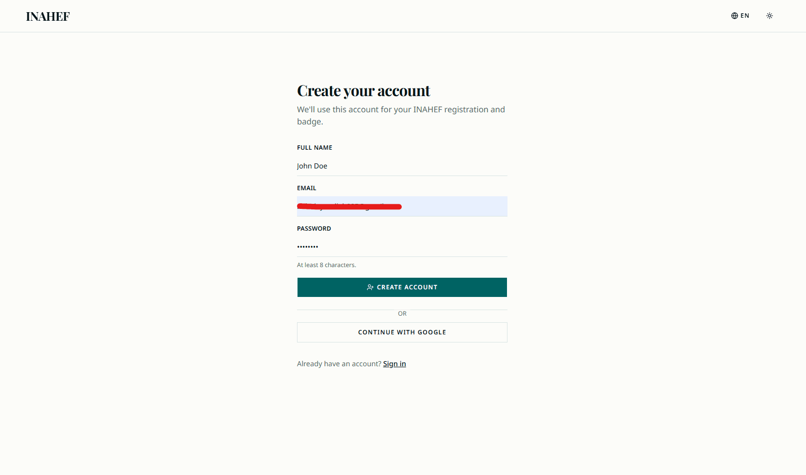 The INAHEF sign-up page with email and password fields