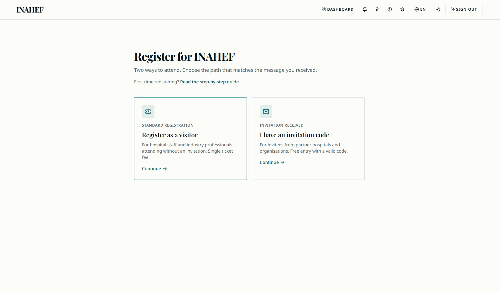 Registration choice page with the visitor option highlighted