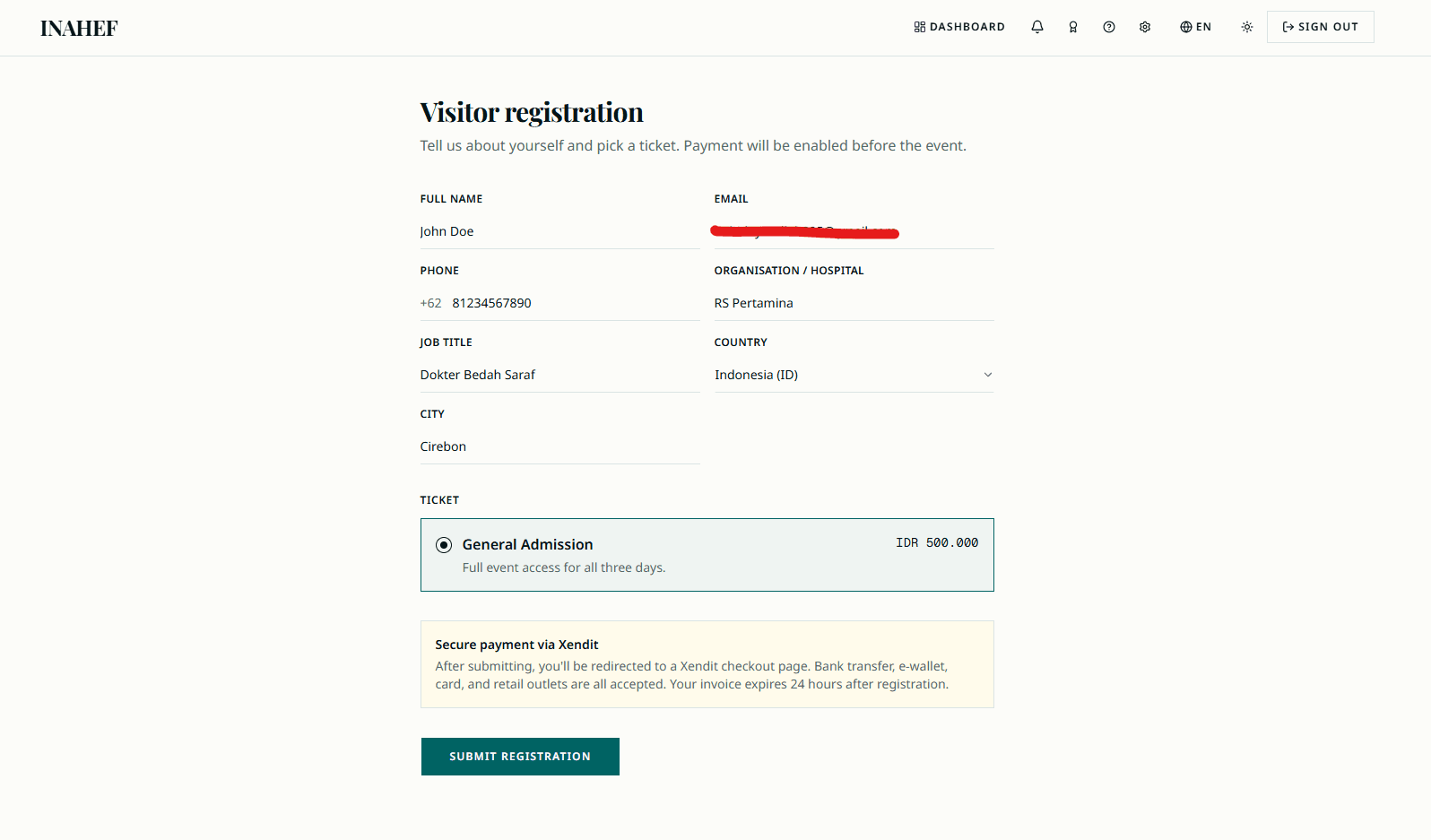 Visitor registration form showing personal details and ticket options